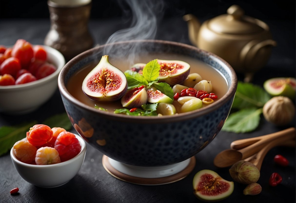 A steaming pot of Chinese fig soup surrounded by fresh figs, goji berries, and jujubes, with a backdrop of traditional Chinese herbs and ingredients
