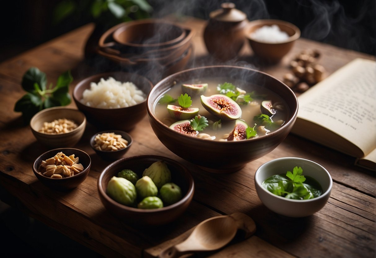 A steaming bowl of Chinese fig soup surrounded by ingredients and a recipe book on a wooden table