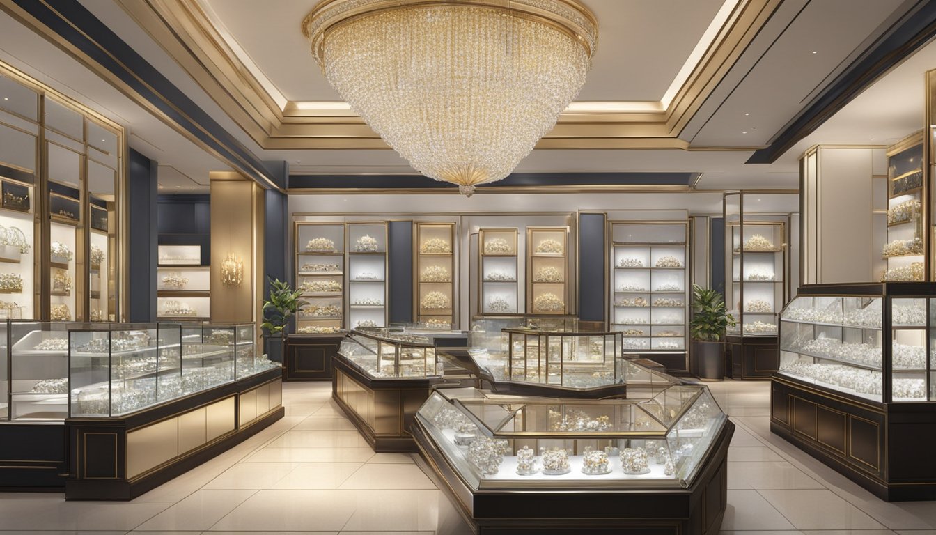 A luxurious jewelry store in Singapore showcases sparkling diamond rings in elegant display cases. Shimmering lights accentuate the brilliance of the diamonds, creating a captivating scene for potential buyers