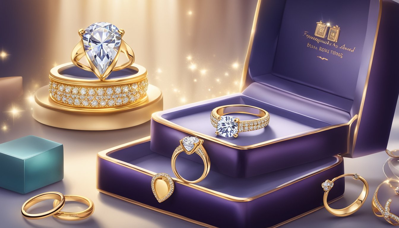 A sparkling diamond ring displayed on a luxurious velvet cushion with a spotlight shining on it, surrounded by elegant jewelry boxes and a sign reading "Frequently Asked Questions buy diamond ring singapore."