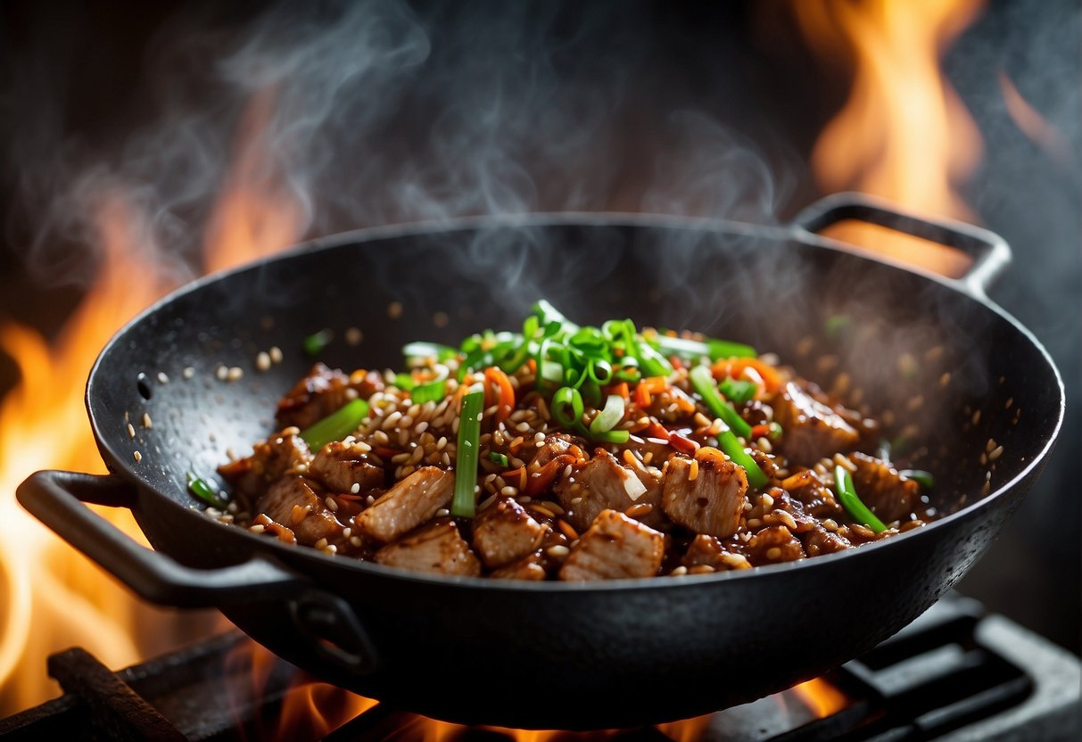 A wok sizzles with minced pork, ginger, and garlic. A splash of soy sauce and a sprinkle of green onions add flavor to the sizzling mixture