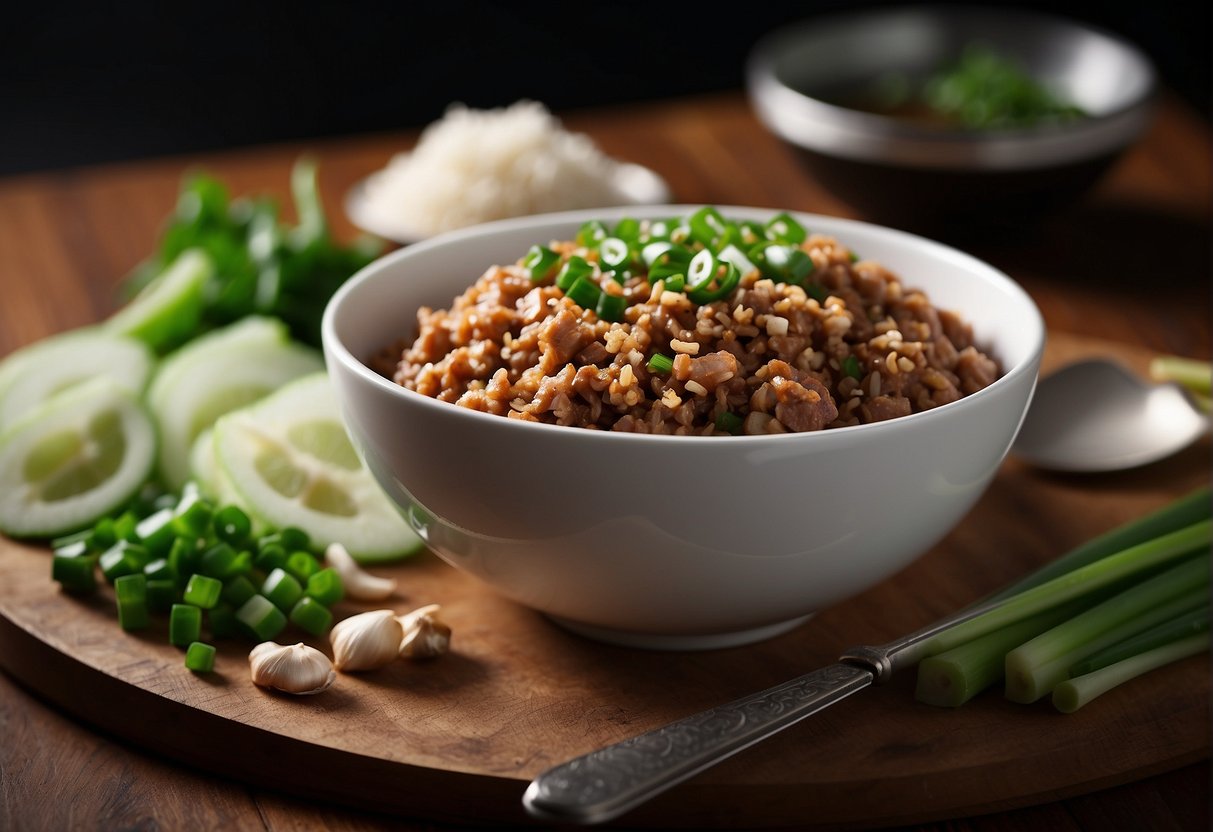 A bowl of minced pork, soy sauce, ginger, garlic, and green onions. A mixing spoon and a cutting board with a knife