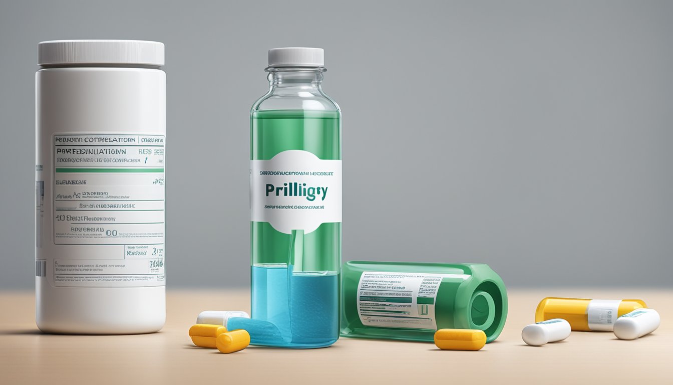 A bottle of Priligy sits on a clean, white countertop, with a prescription label attached. A glass of water and a pill cutter are nearby, indicating its intended use