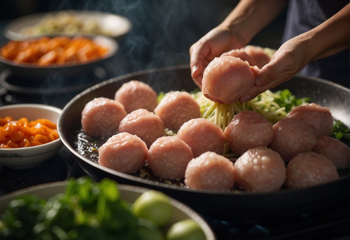 Pork being minced and shaped into balls, then cooked in a Chinese kitchen