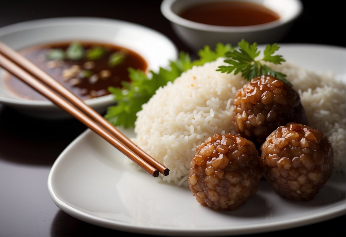 A pair of chopsticks serving a plate of minced pork balls with a side of steamed rice and a bowl of soy sauce