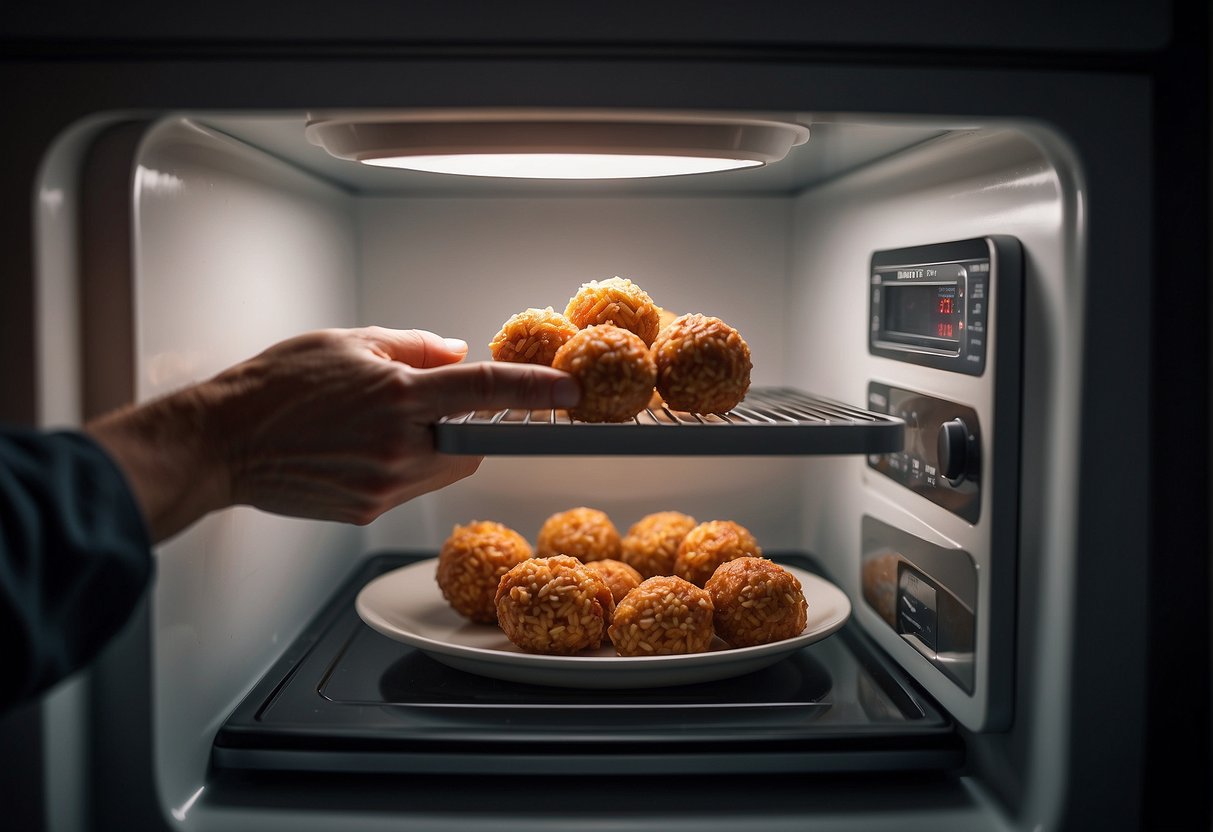 A hand reaches into a refrigerator, pulling out a container of minced pork balls. The hand then places the container into a microwave for reheating