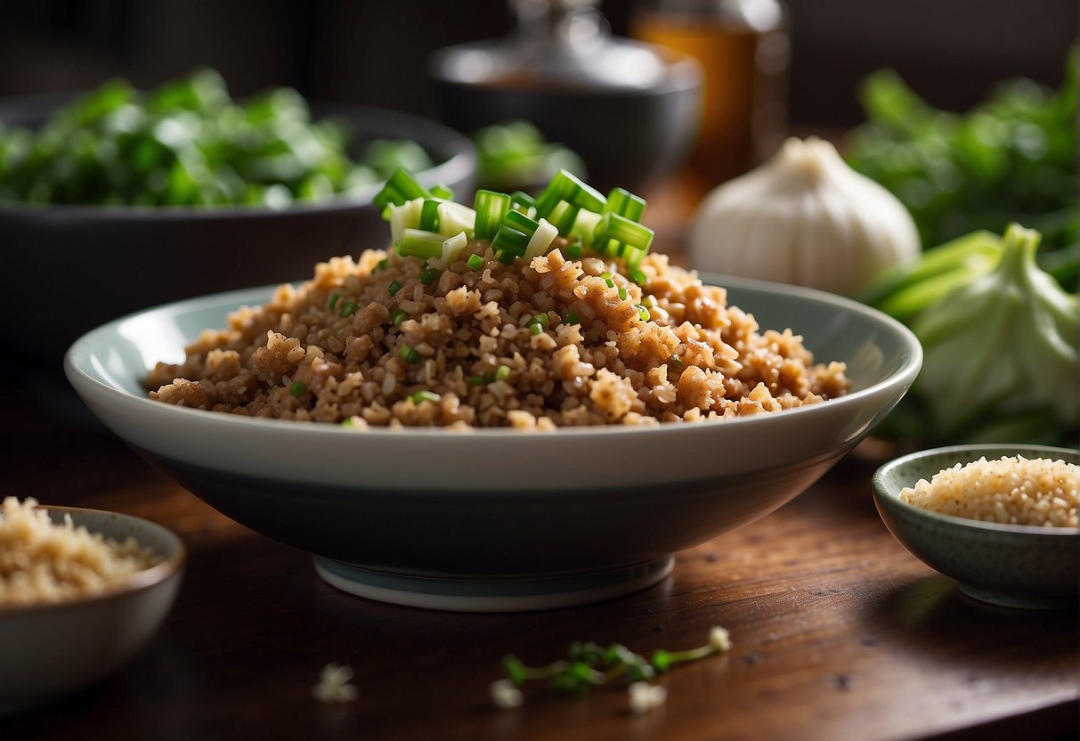 A bowl of minced pork, soy sauce, ginger, garlic, and green onions. A mixing spoon and a plate of breadcrumbs on a kitchen counter