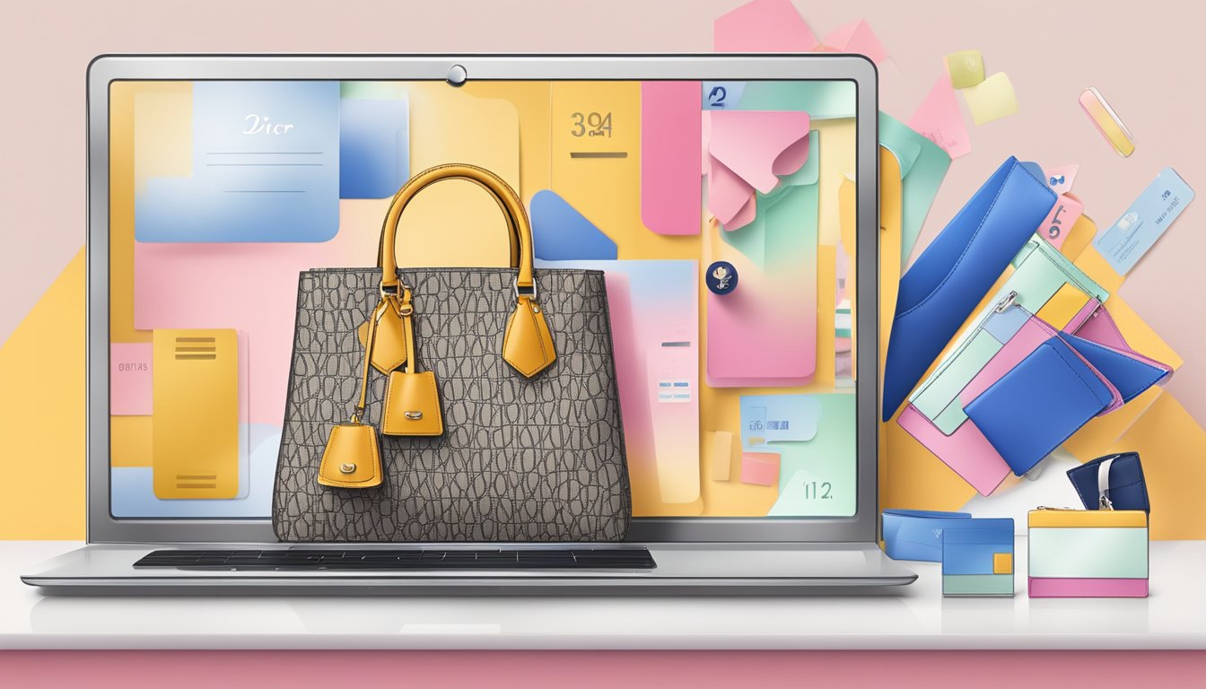A computer screen displaying a website with Dior handbags, a cursor clicking "add to cart," and a credit card ready for payment
