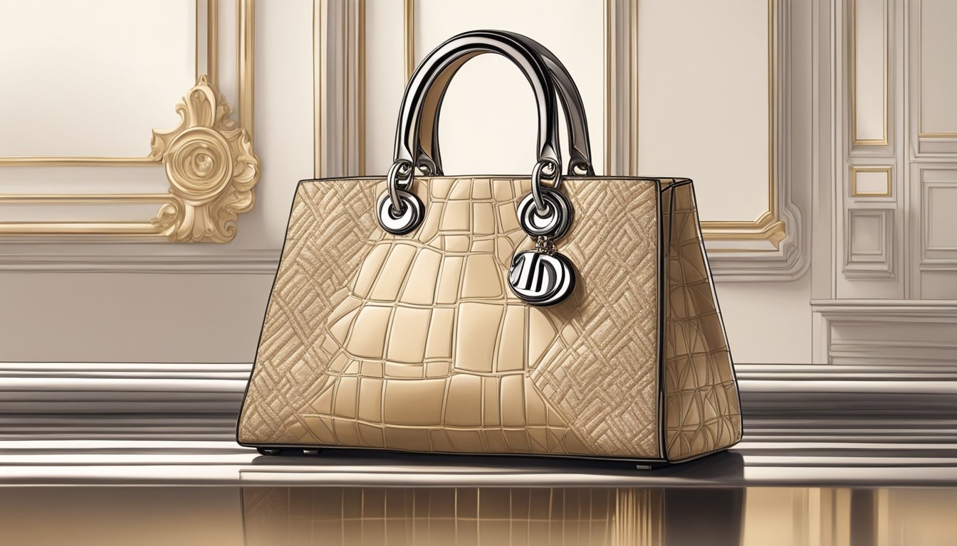 A luxurious Dior handbag sits atop a sleek, polished surface, casting a soft glow under the warm, ambient lighting. Rich textures and intricate details showcase the elegance of the iconic brand