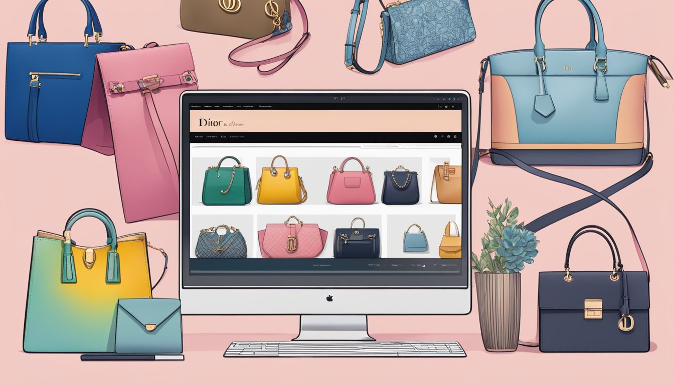 A computer screen with a browser open to a Dior handbag website. The website features various handbag styles and colors with a "Buy Now" button