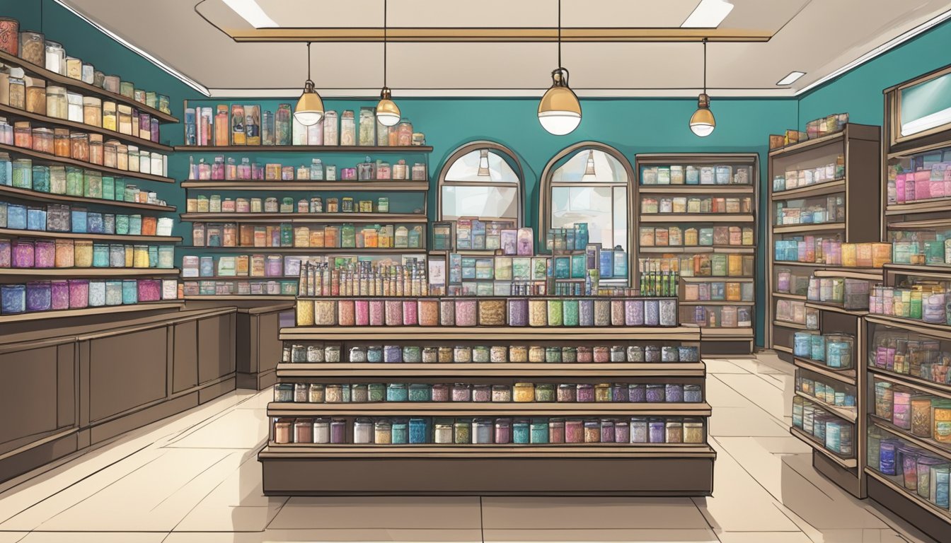 A store in Singapore sells tattoo concealer. Shelves display various brands. Customers browse and consult staff