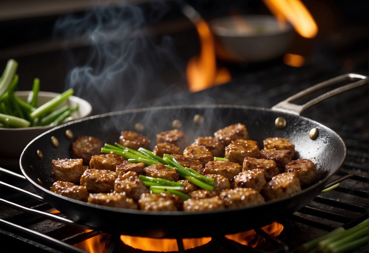 A wok sizzles as minced pork, ginger, and garlic fry. Soy sauce, sugar, and green onions mix in. Shape into patties and pan-fry until golden brown
