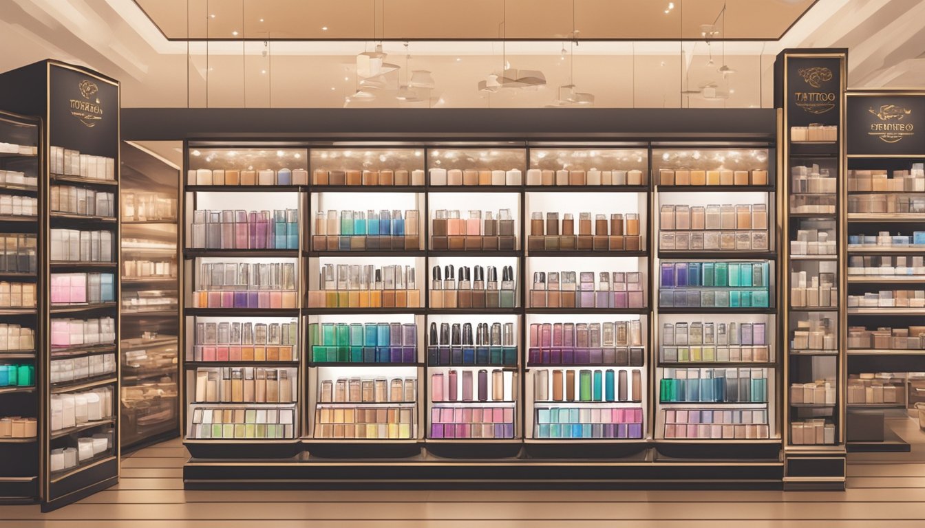 A display of top tattoo concealers in a Singaporean beauty store, with various brands and shades showcased on a well-lit shelf