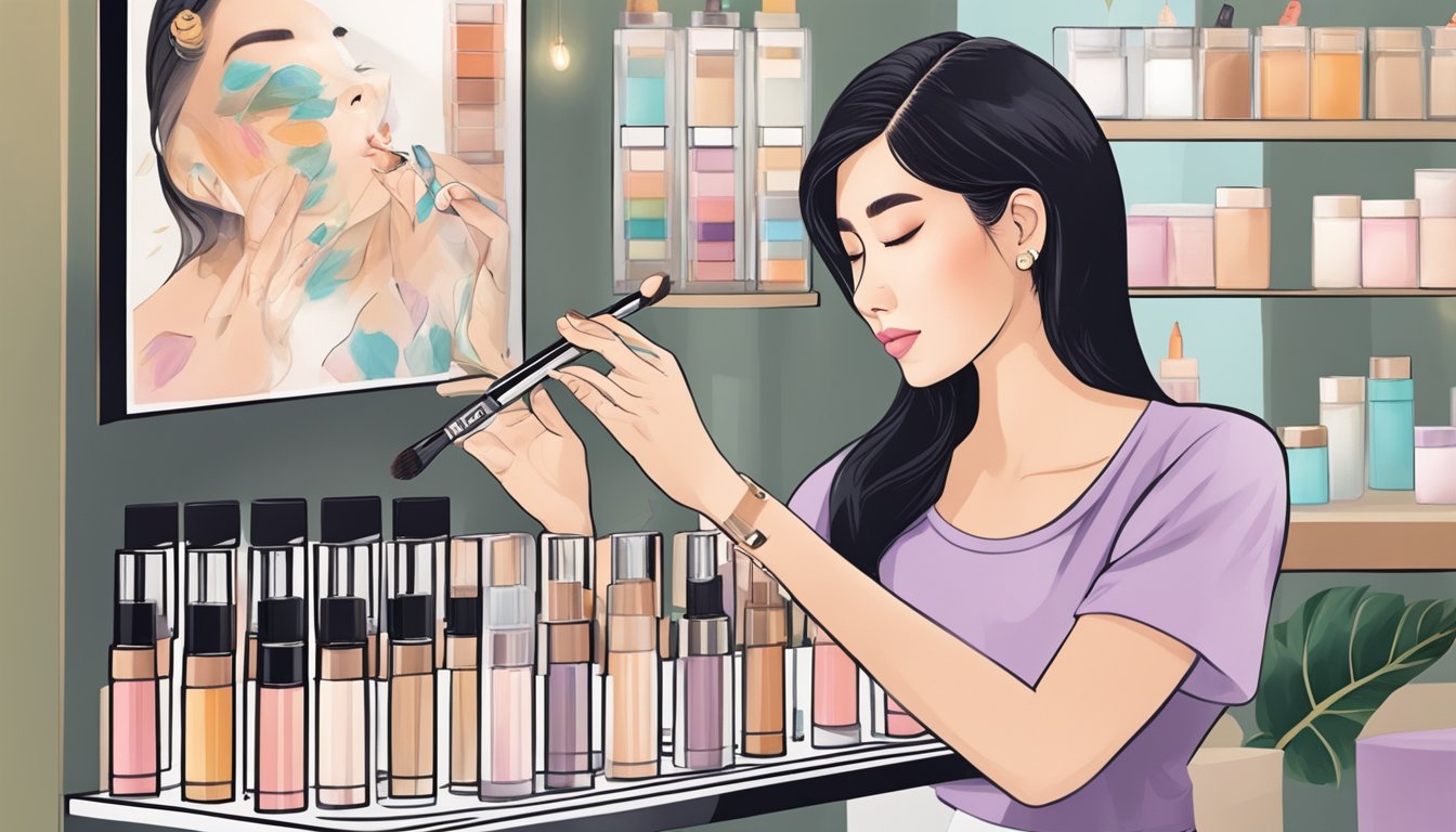 A makeup artist applies tattoo concealer to a flawless canvas, showcasing the product's effectiveness. A display of the product in a Singaporean beauty store