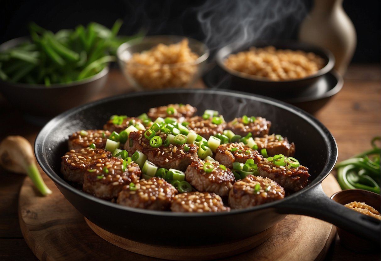 A bowl of minced pork, soy sauce, ginger, and green onions. A pan sizzling with the pork patties cooking. A plate of finished patties ready to serve