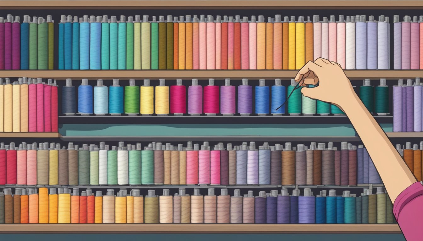 A hand reaching for a colorful display of DMC thread in a Singaporean craft store