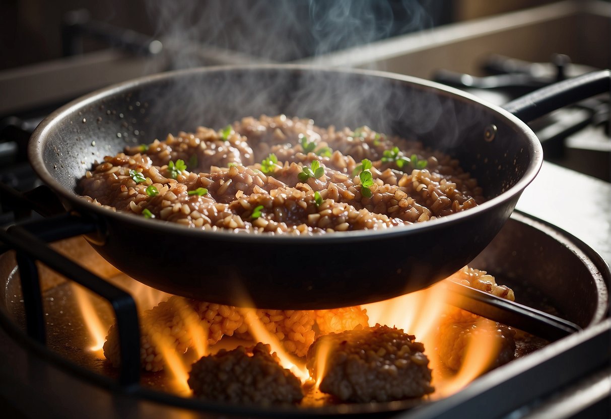 Minced pork sizzling in a hot pan, steam rising, as it cooks into a golden brown patty in a Chinese kitchen