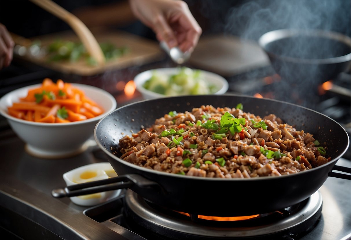 A sizzling minced pork patty being stir-fried in a wok with aromatic Chinese spices and herbs, ready to be served with steamed rice and fresh vegetables