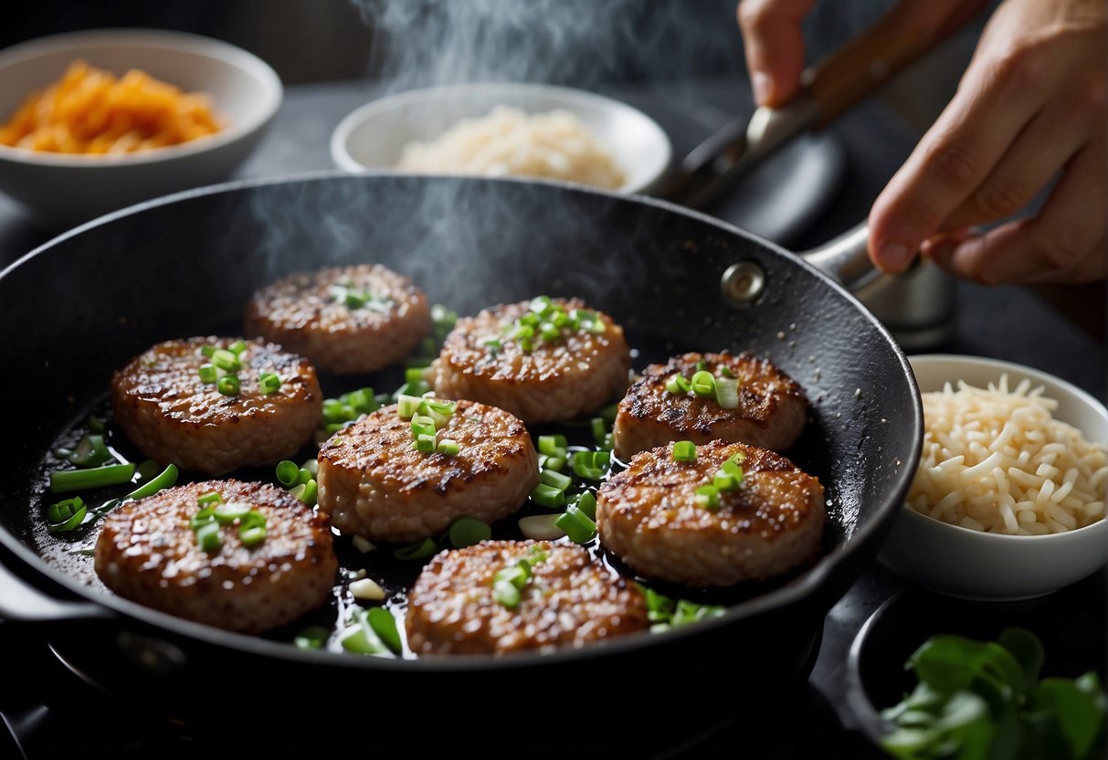 A chef mixes minced pork with soy sauce and ginger, shaping it into patties. They fry the patties in a sizzling pan, adding garlic and green onions for flavor
