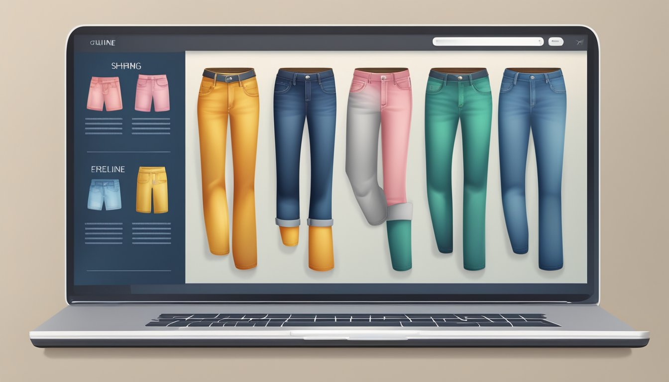 A computer screen displaying an online shopping website with regular fit jeans in various colors and sizes