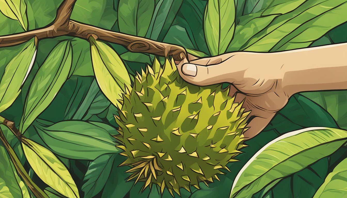 A hand reaches out to pluck a ripe salak fruit from the vibrant green foliage, showcasing its unique spiky skin and inviting golden hue