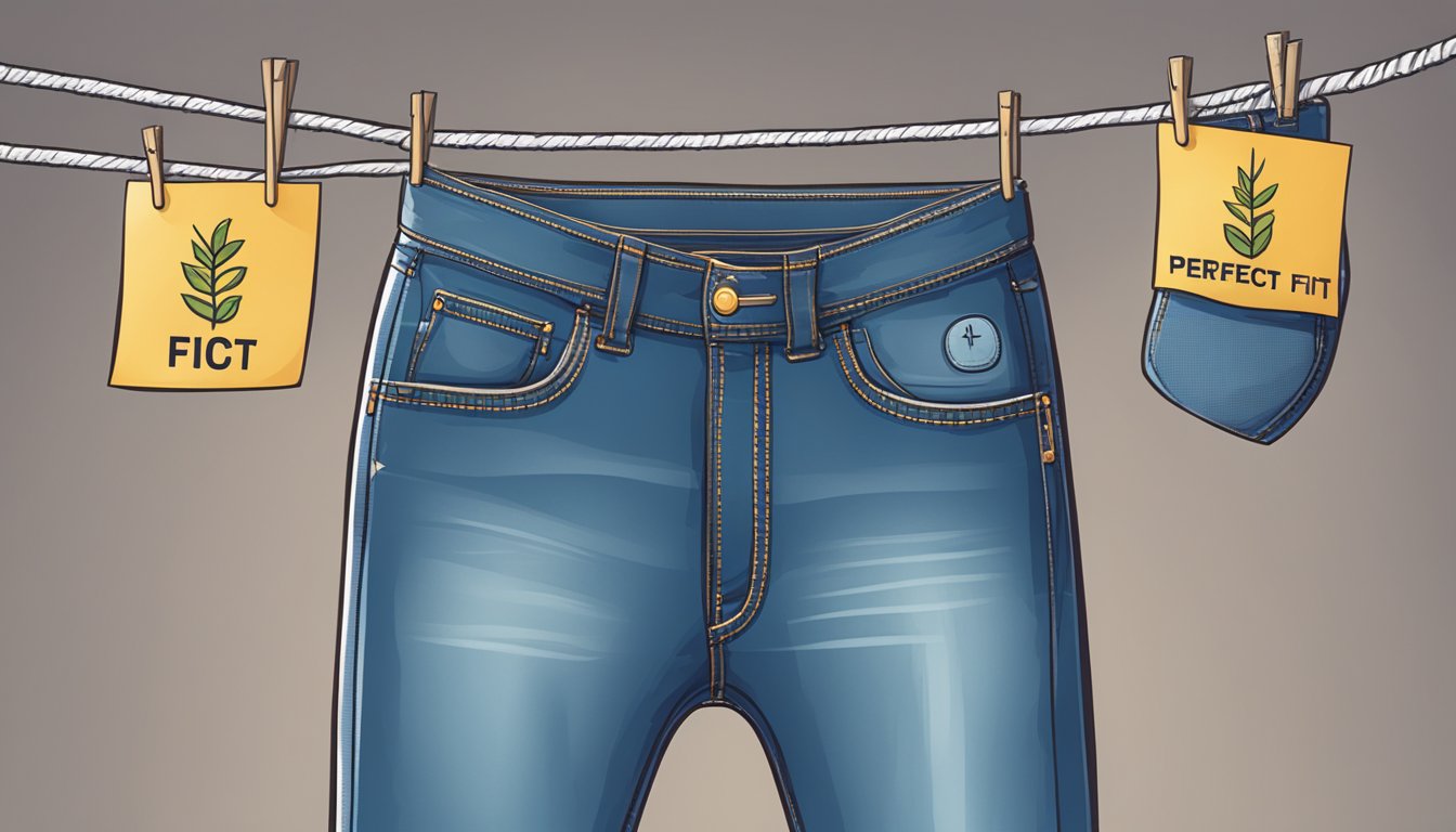 A pair of regular fit jeans hanging on a clothesline with a "Perfect Fit" sign in the background