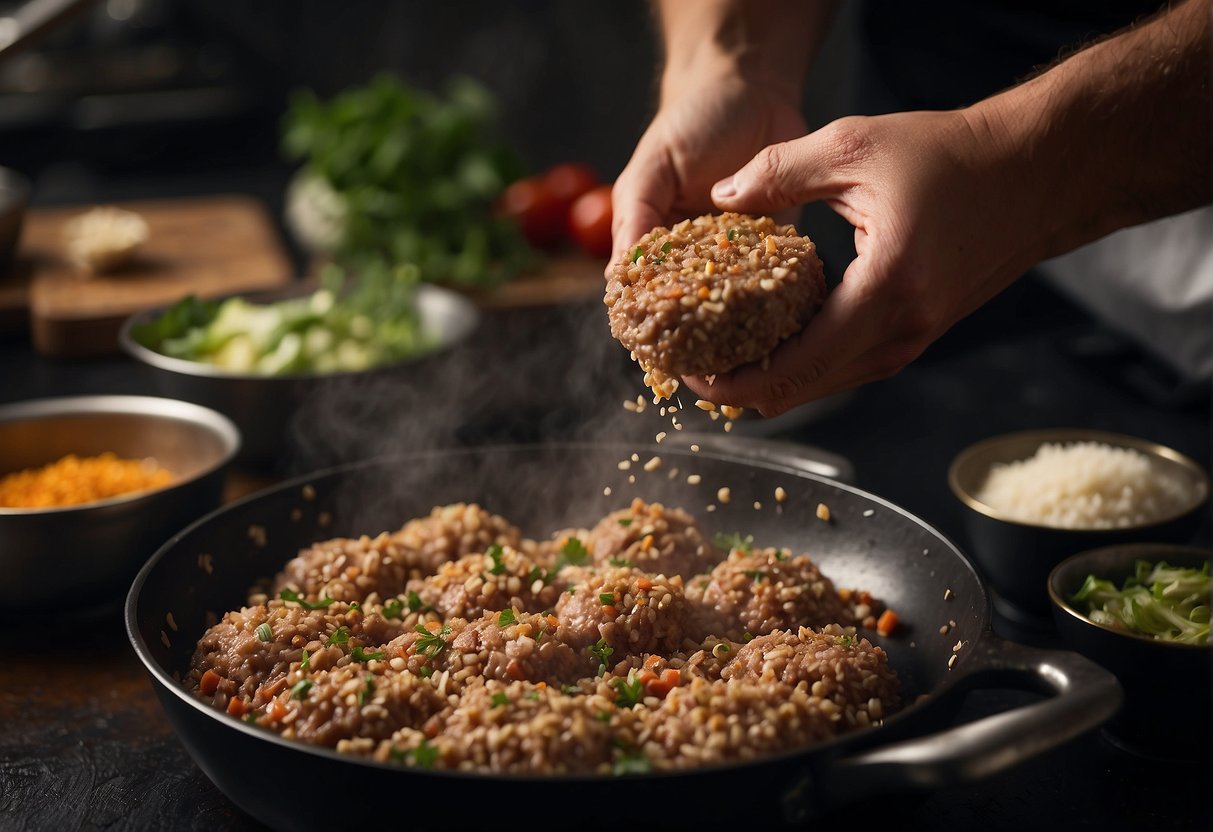A chef mixes minced pork, seasonings, and spices in a bowl, forming patties before placing them on a sizzling hot pan