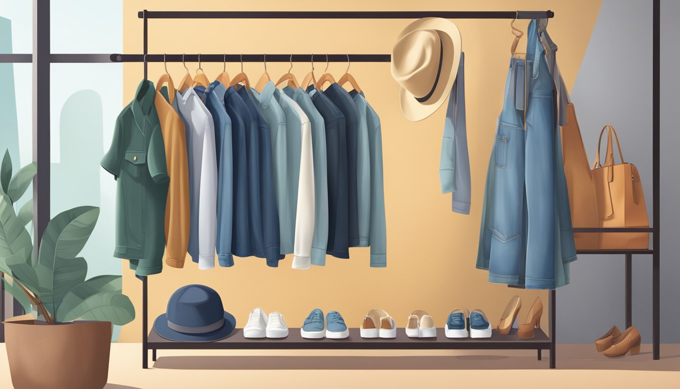 A pair of regular fit jeans hanging on a sleek clothing rack, surrounded by stylish accessories and a modern backdrop