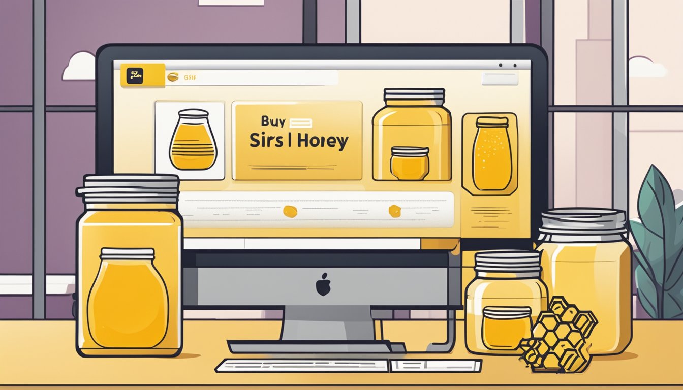A computer screen displaying a website with a "Buy Sidr Honey Online" button, surrounded by jars of honey and a honeycomb