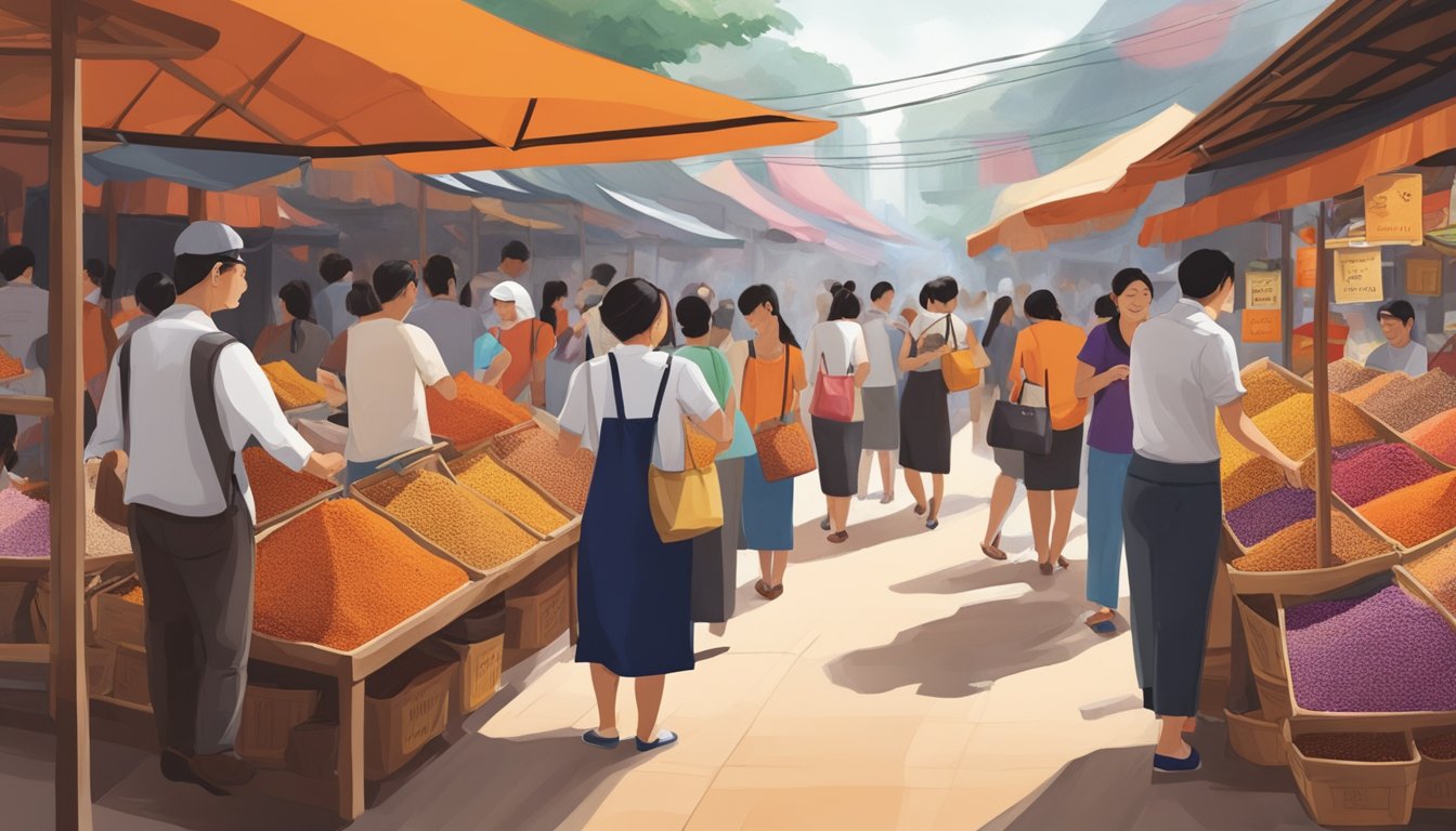 A bustling market stall displays vibrant bags of Thai tea powder in Singapore. Shoppers eagerly inspect the colorful packaging, while the aroma of the fragrant tea fills the air