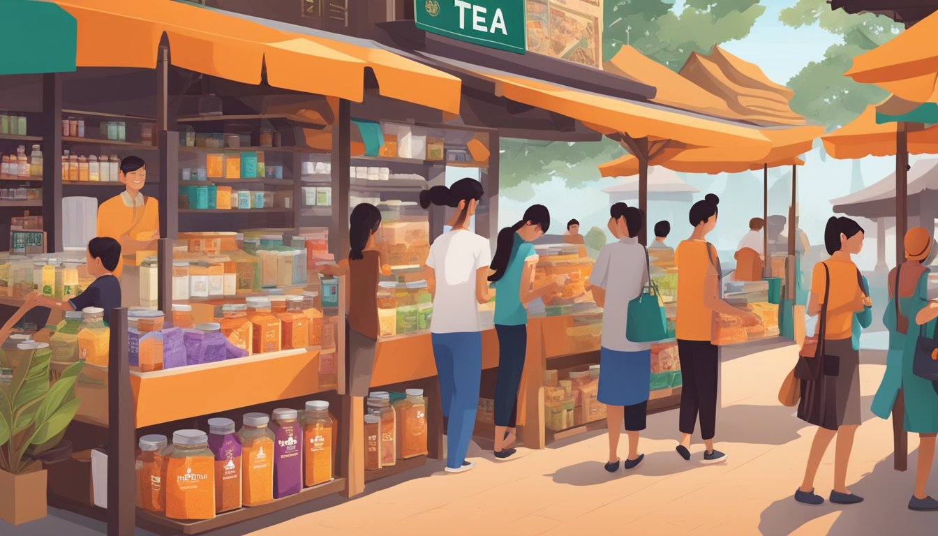 A bustling market stall displays various brands of Thai tea powder in vibrant packaging, with customers sampling and purchasing the popular beverage ingredient