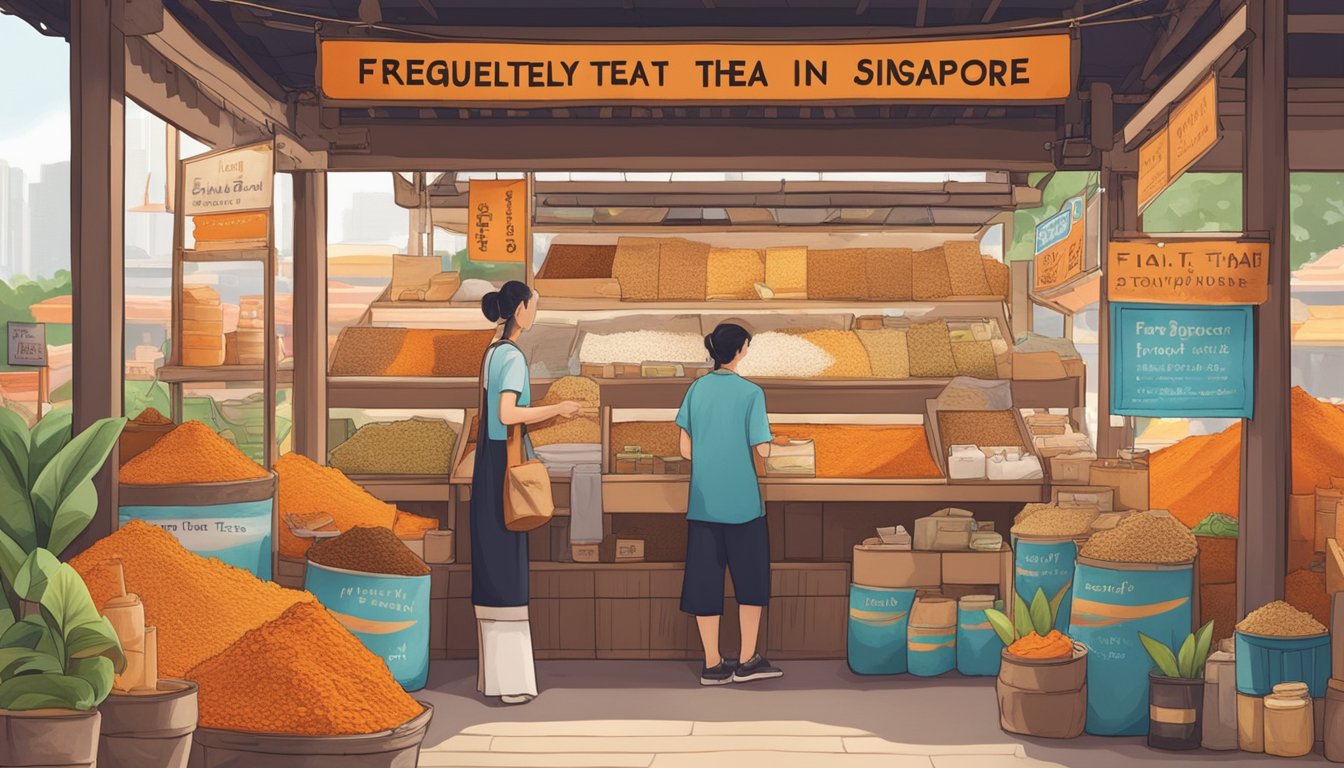 A bustling market stall in Singapore displays vibrant packages of Thai tea powder, with a sign reading "Frequently Asked Questions: Where to buy Thai tea powder in Singapore."