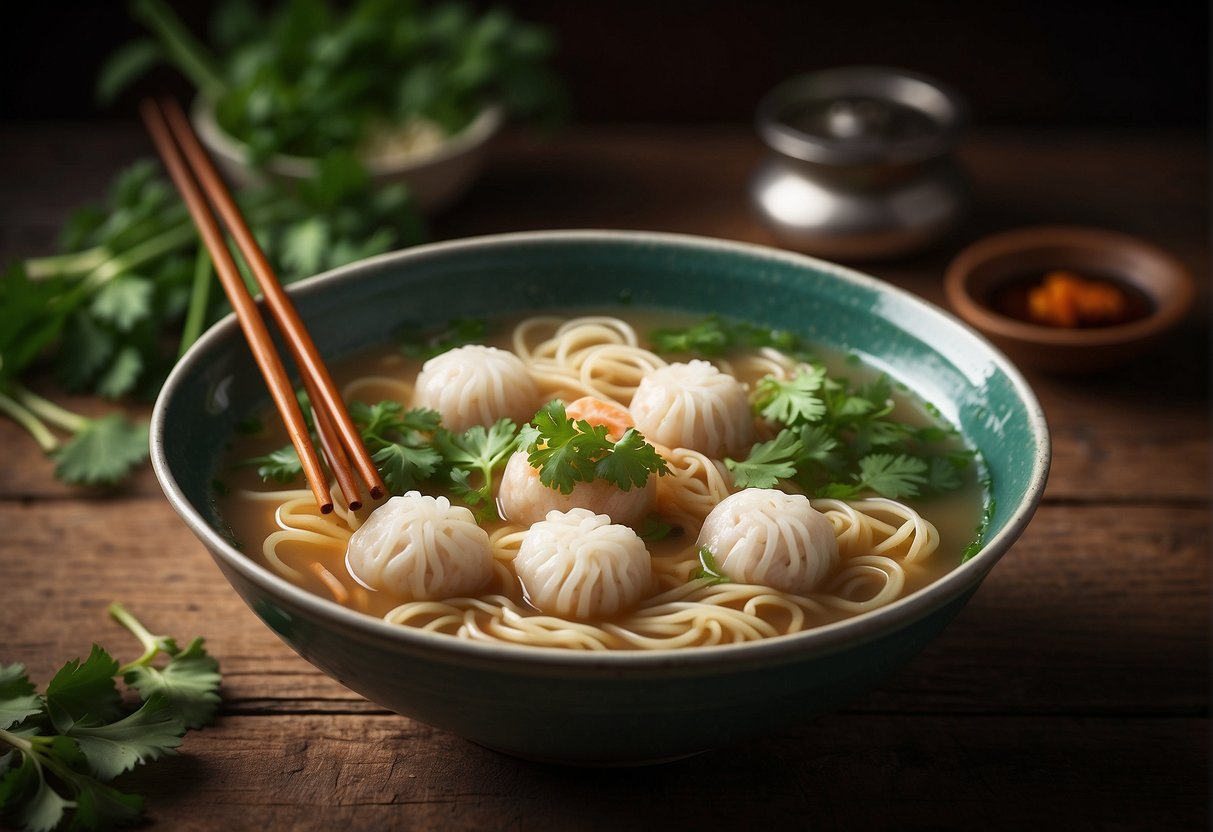 A steaming bowl of fish ball noodle soup sits on a rustic wooden table, surrounded by chopsticks and a spoon. Green onions and cilantro garnish the savory broth
