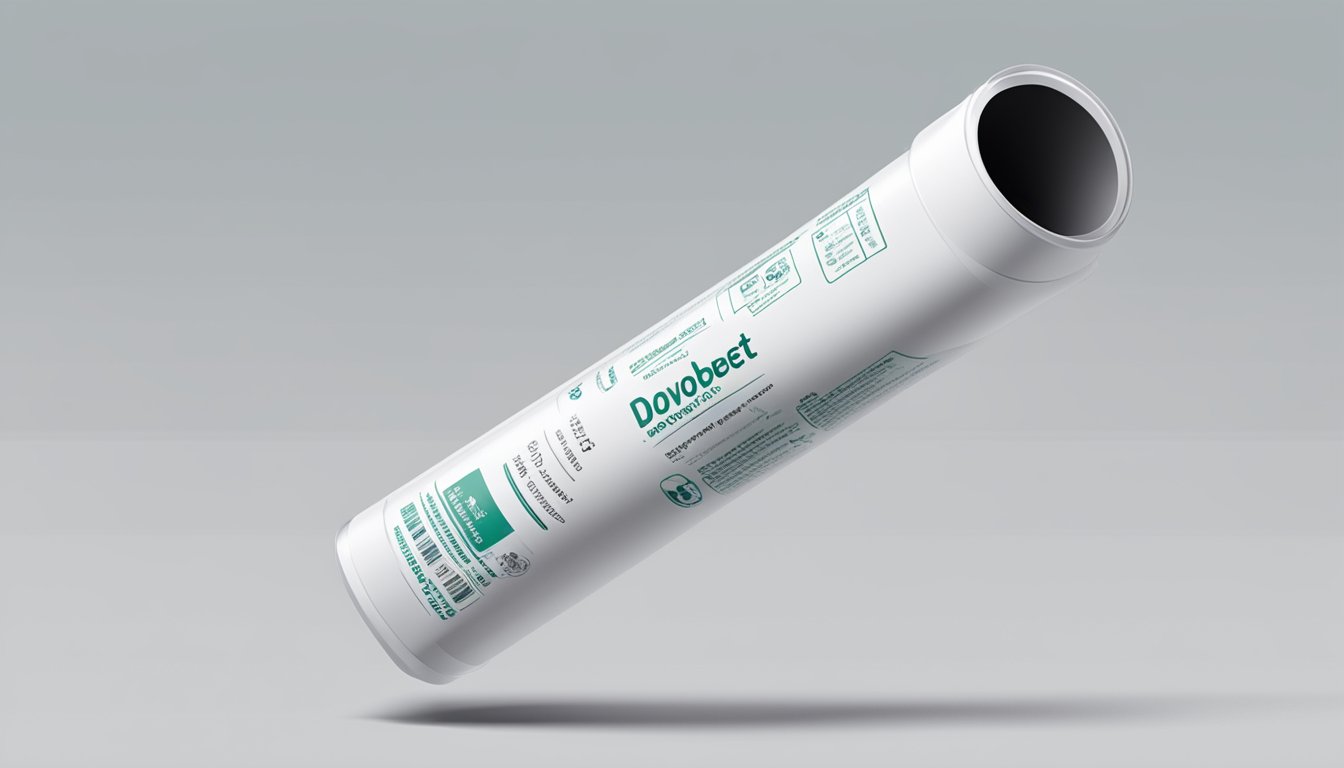 A tube of Dovobet sits on a clean, white surface. The label is clear and easily readable, and the tube is unopened and in perfect condition