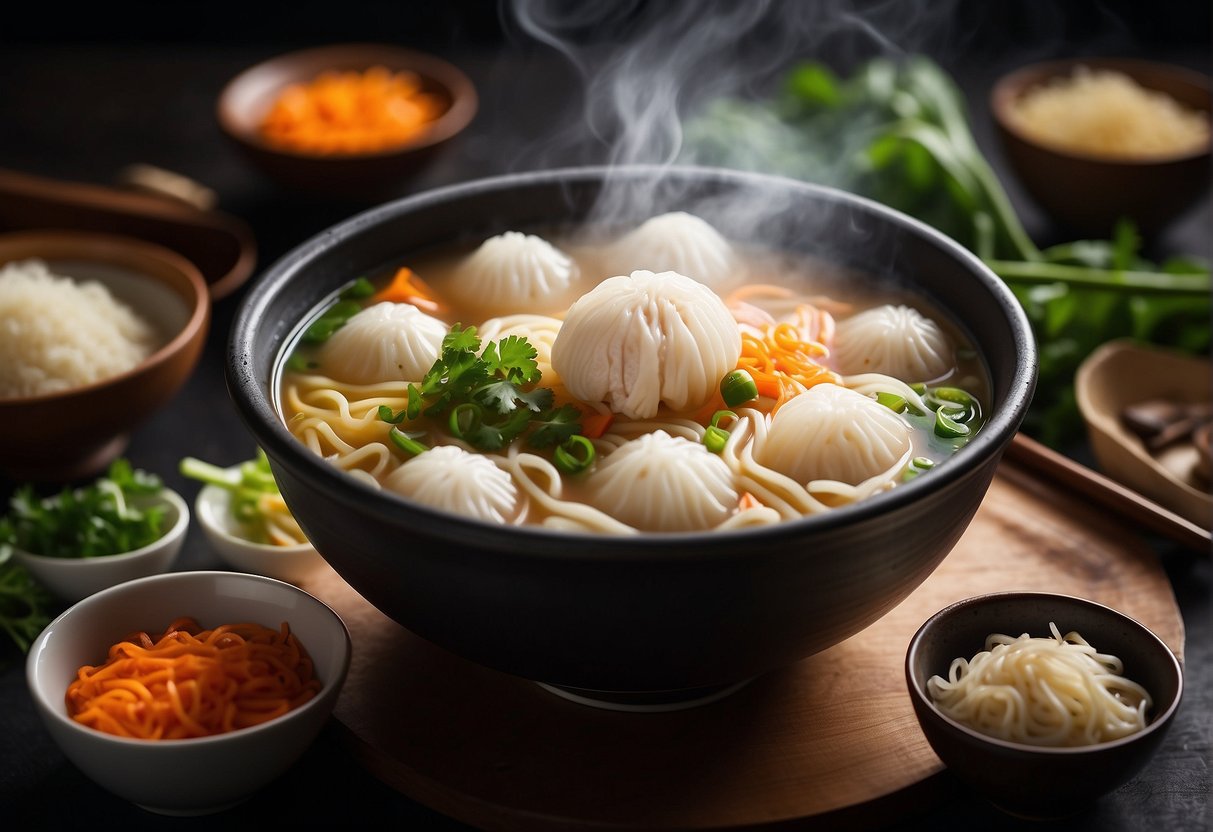 A steaming bowl of Chinese fish ball noodle soup, surrounded by traditional ingredients and utensils, evoking the rich cultural significance and origins of the recipe