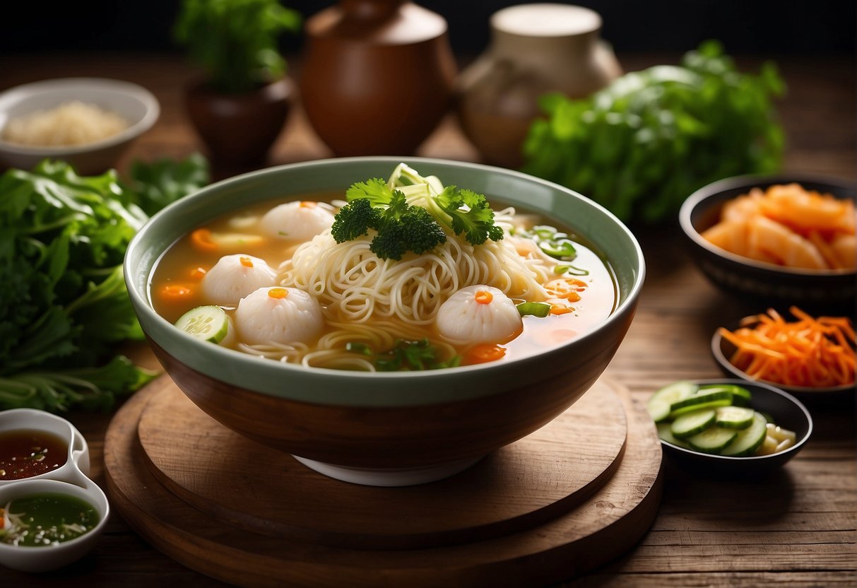 A steaming bowl of Chinese fish ball noodle soup surrounded by fresh ingredients and condiments on a wooden table