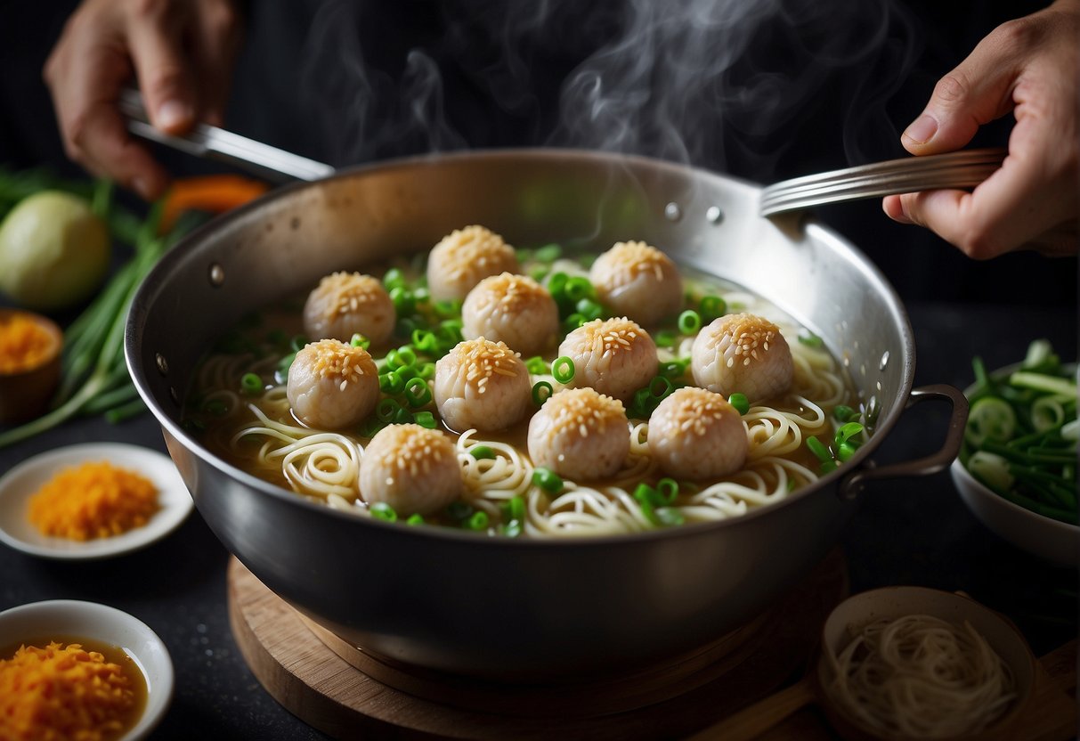 A chef mixes fish paste with seasonings, rolling it into balls. They boil noodles, then add the fish balls and broth, garnishing with green onions