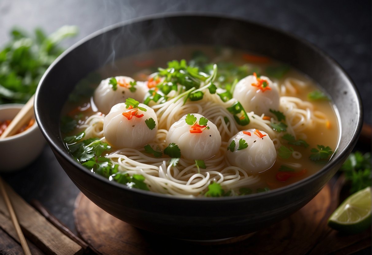 A steaming bowl of fish ball noodle soup surrounded by fresh cilantro, green onions, and sliced red chilies. A pair of chopsticks rests on the side of the bowl