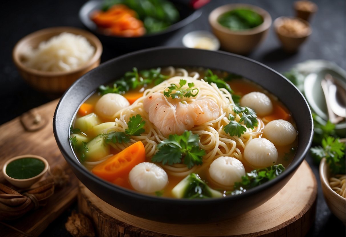A steaming bowl of fish ball noodle soup surrounded by various ingredients and utensils on a kitchen counter