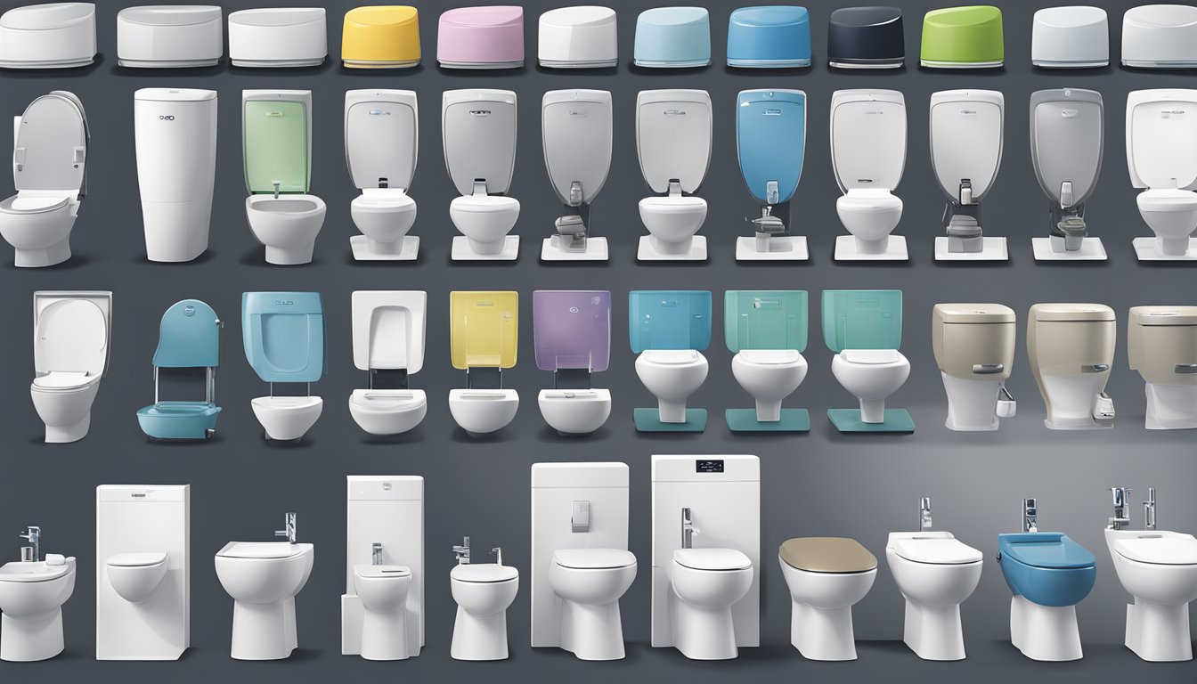 A display of Toto toilets in a Singapore showroom, with various models and options for sale