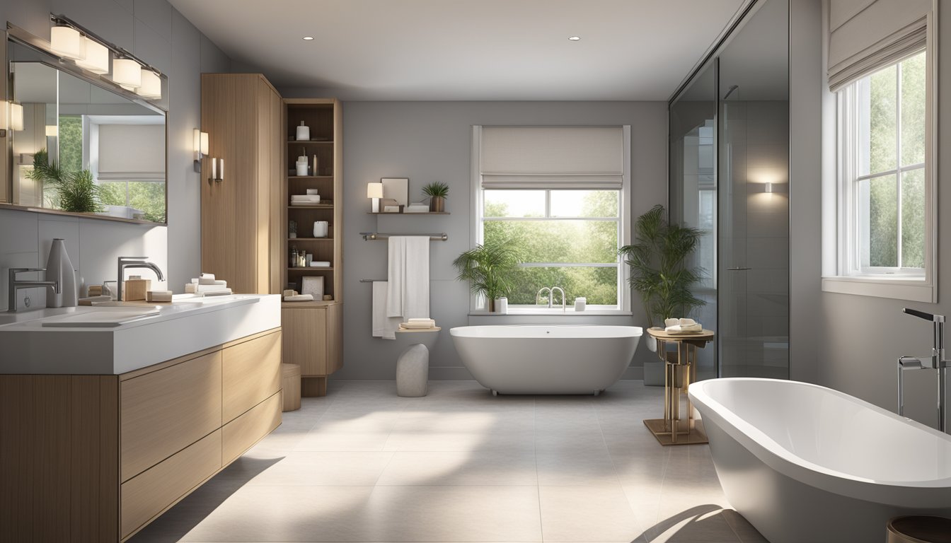 A modern, sleek Toto toilet sits in a spacious, well-lit bathroom. The toilet is surrounded by luxurious bath accessories, creating a serene and inviting atmosphere