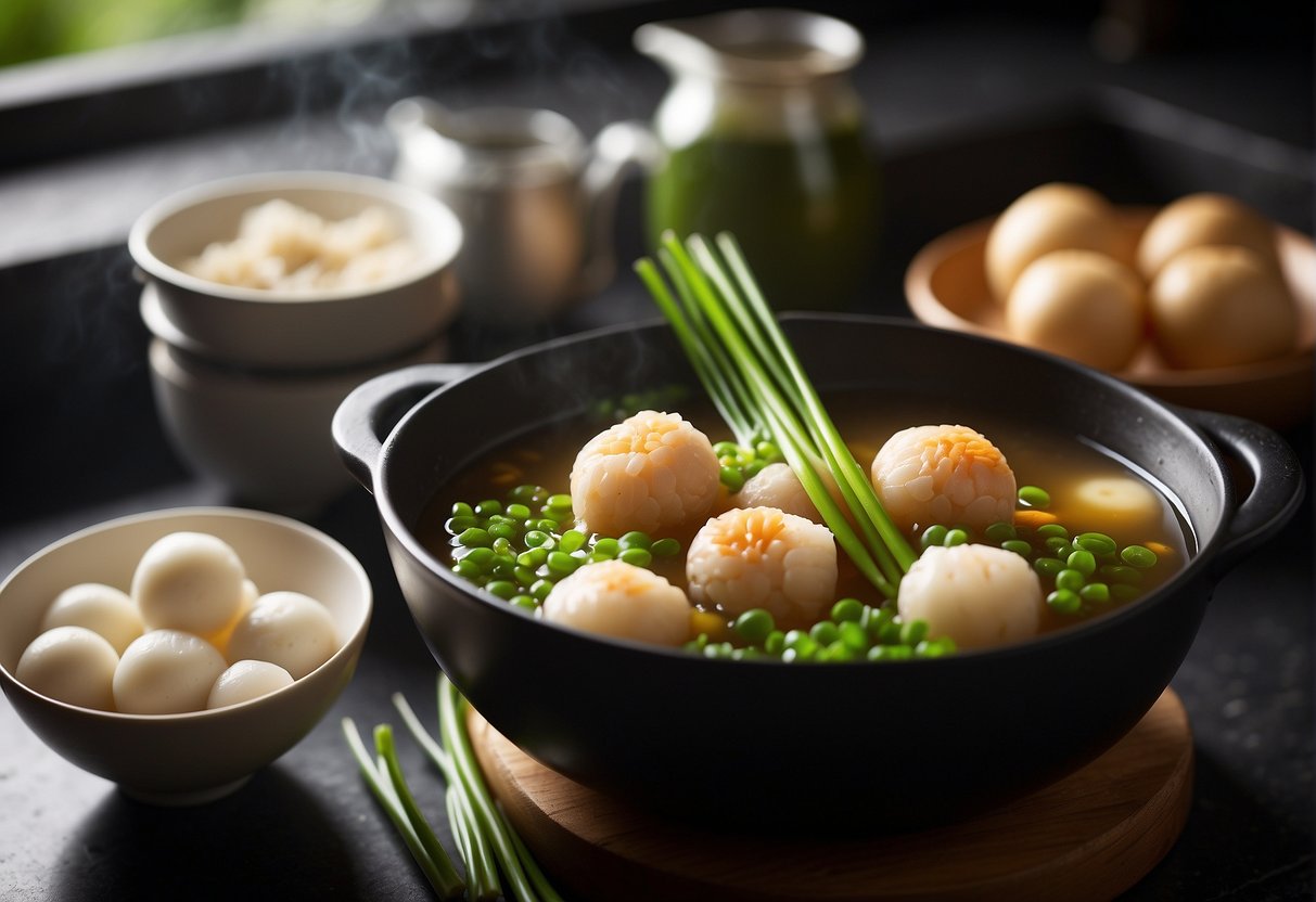 A pot of boiling broth with fish balls, ginger, and green onions. Ingredients like fish, soy sauce, and cornstarch on the kitchen counter