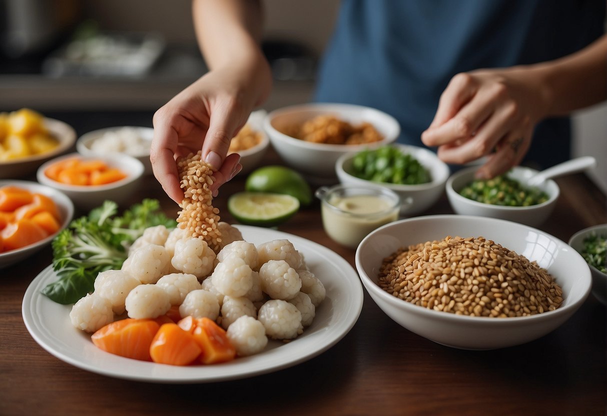 A hand reaches for a fresh fish, a bowl of minced fish, and various seasonings on a kitchen counter. A recipe book titled "Selecting the Right Fish Chinese Fish Ball Recipe" lays open nearby