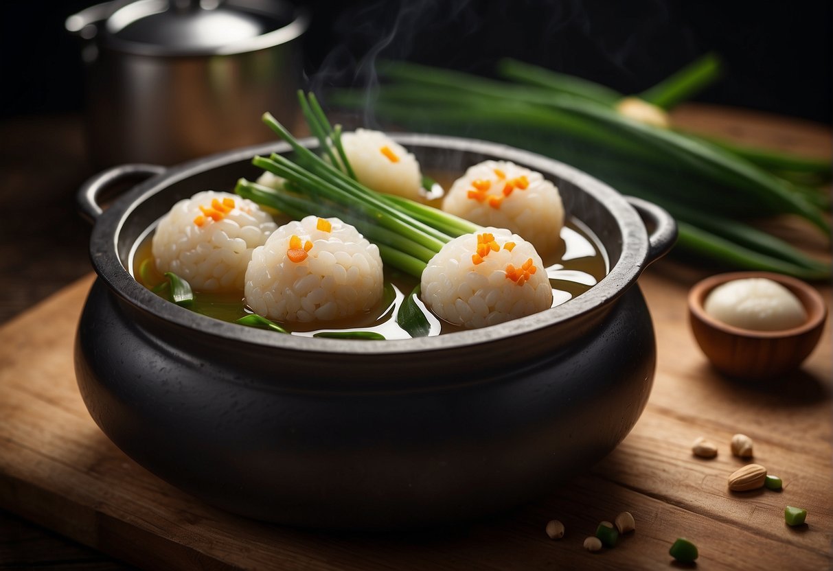 A pot of boiling water with fish balls, ginger, and green onions. Ingredients laid out on a wooden cutting board