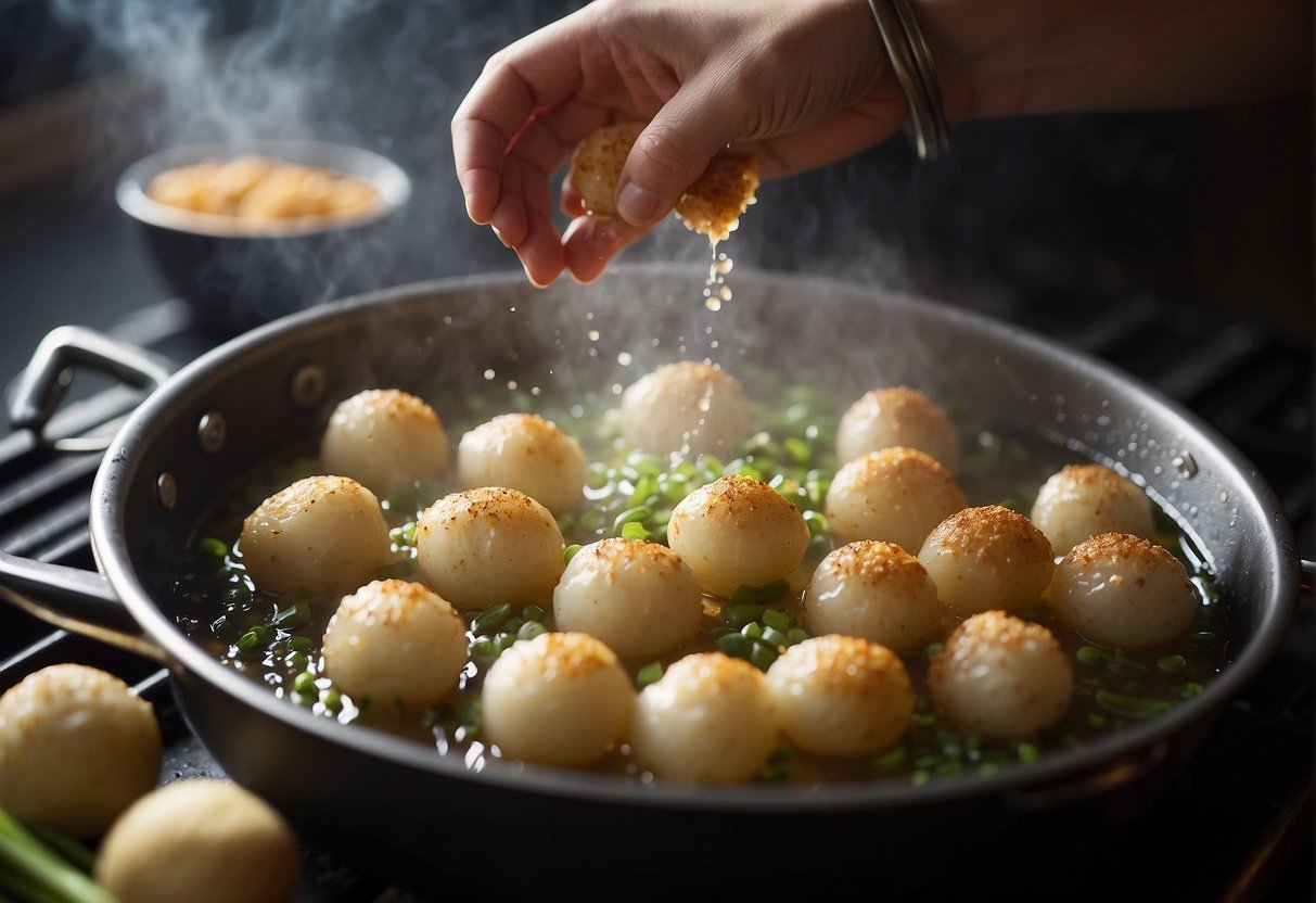 Fish balls being mixed with seasoning, then shaped and dropped into boiling water. Steam rises as they cook, filling the air with a savory aroma