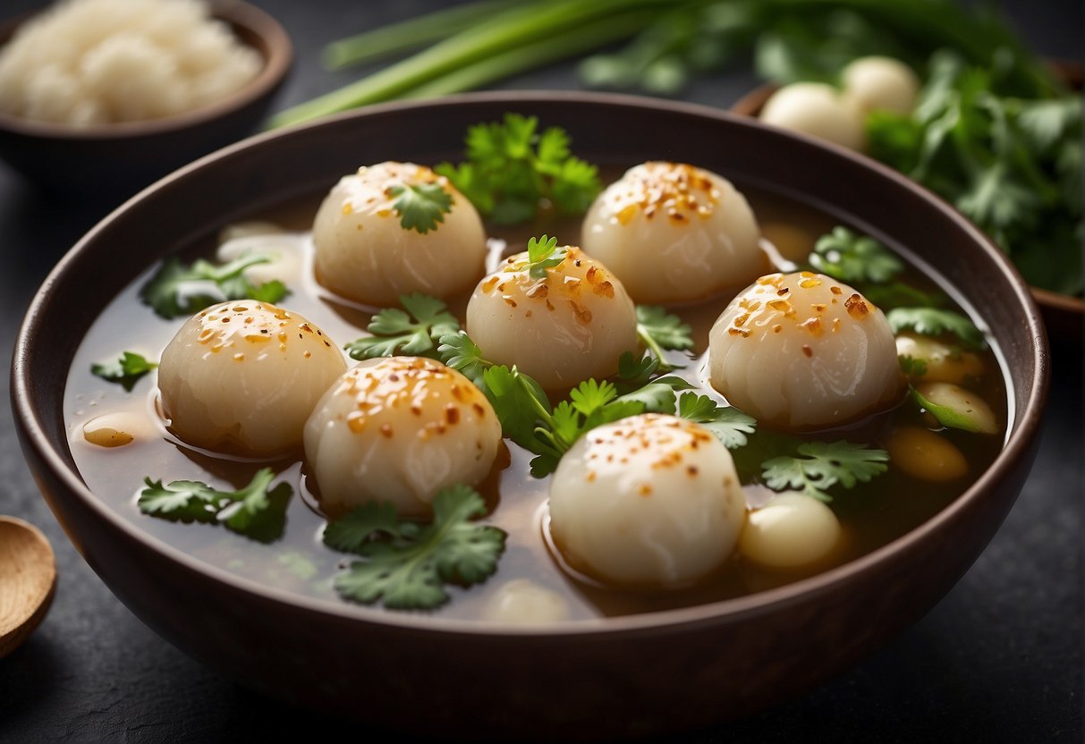 Chinese fish balls simmer in a fragrant broth, surrounded by ginger, scallions, and cilantro. A pair of chopsticks hovers nearby, ready to serve