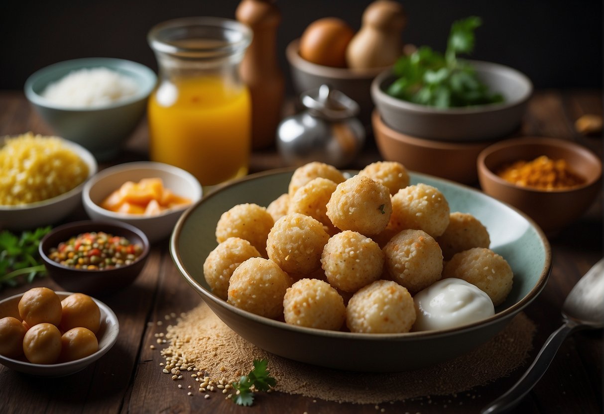 A kitchen counter with a bowl of homemade fish balls, surrounded by ingredients like fish, cornstarch, and seasonings