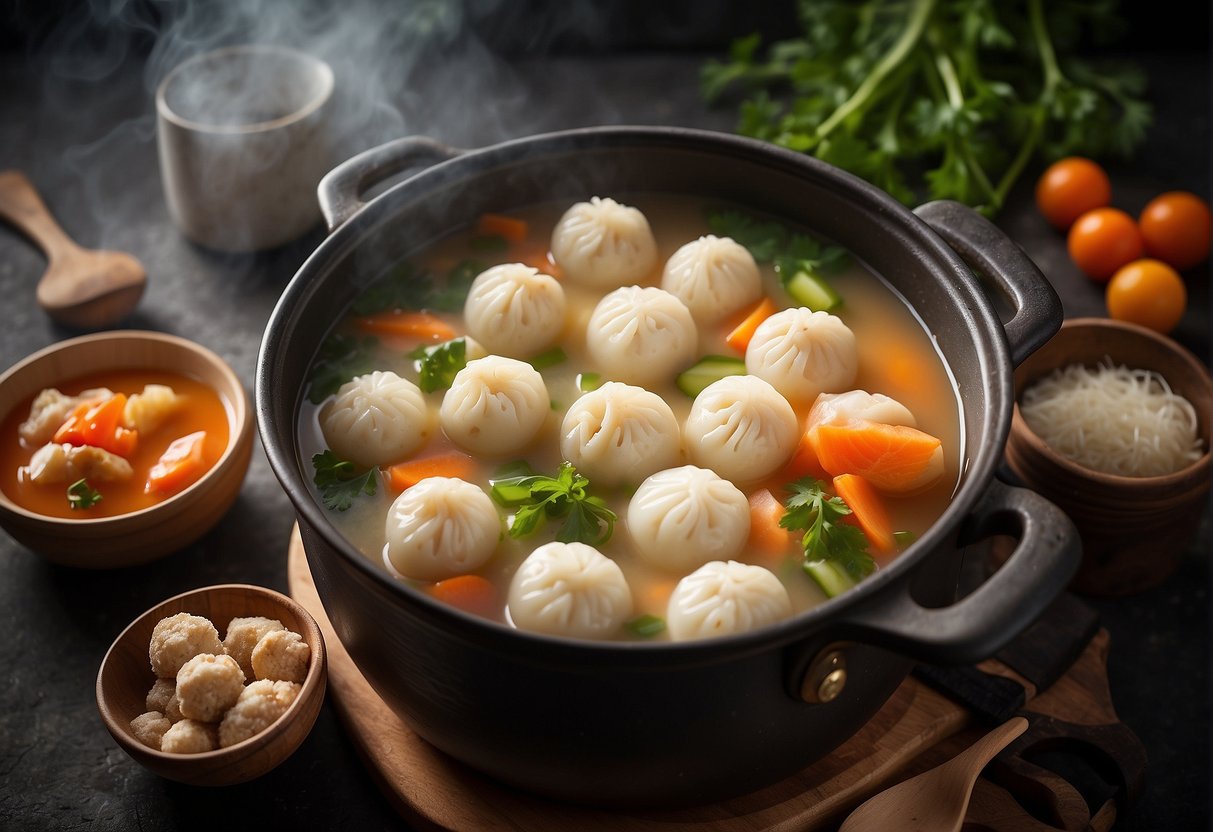 A steaming pot of fish ball soup surrounded by various ingredients and utensils. A recipe card with "Frequently Asked Questions Chinese Fish Ball Recipe" in bold letters is placed next to the pot