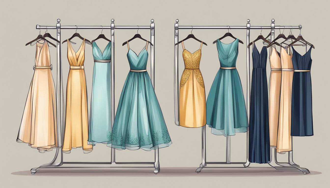 A collection of elegant dresses displayed on a rack, with various styles and colors for different occasions