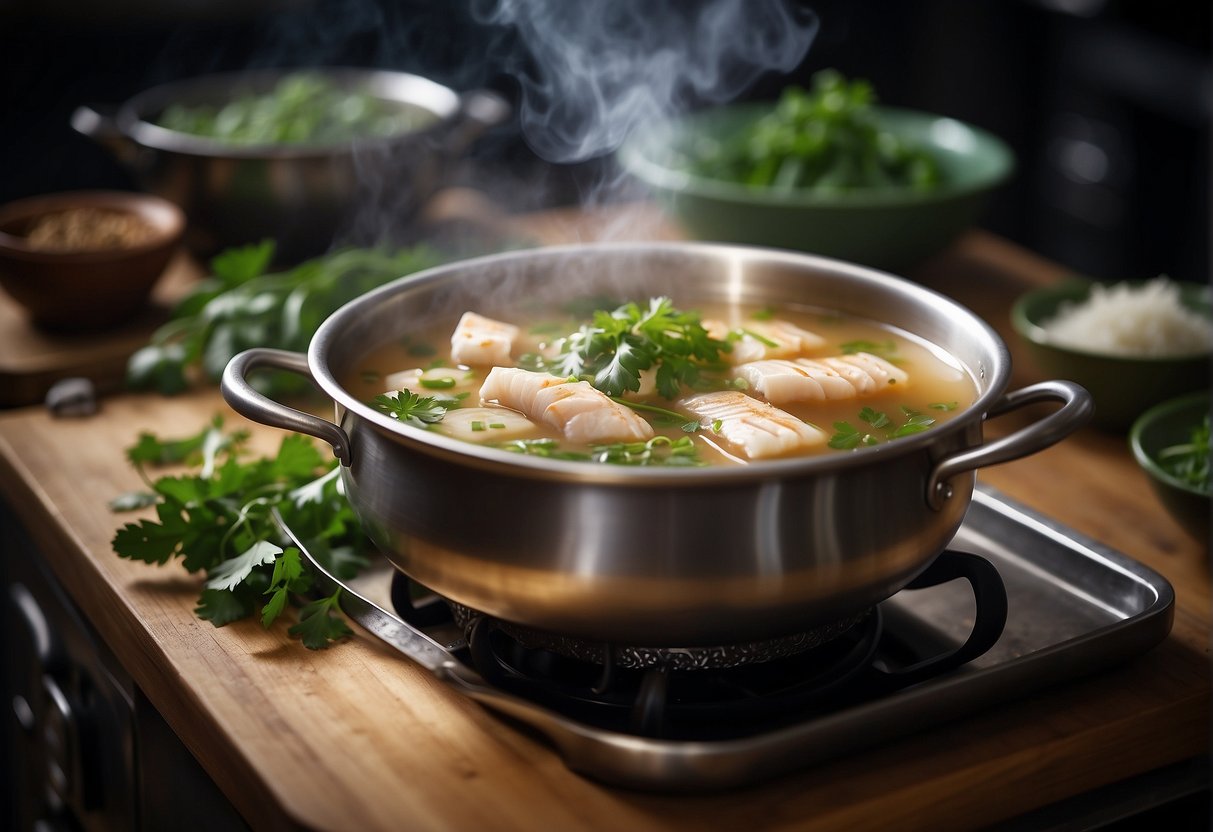 A steaming pot of Chinese fish bone soup simmers on a stove, filled with fragrant herbs and spices. The soup is garnished with fresh cilantro and slices of ginger, creating a visually appealing and appetizing dish